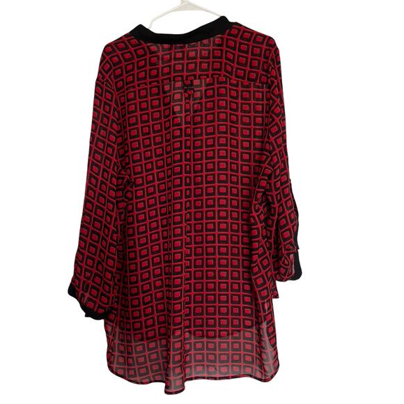 Tacera Women Plus 3XL Sheer Tunic Blouse Red & Black Geometric Print Long Sleeve - Picture 2 of 8